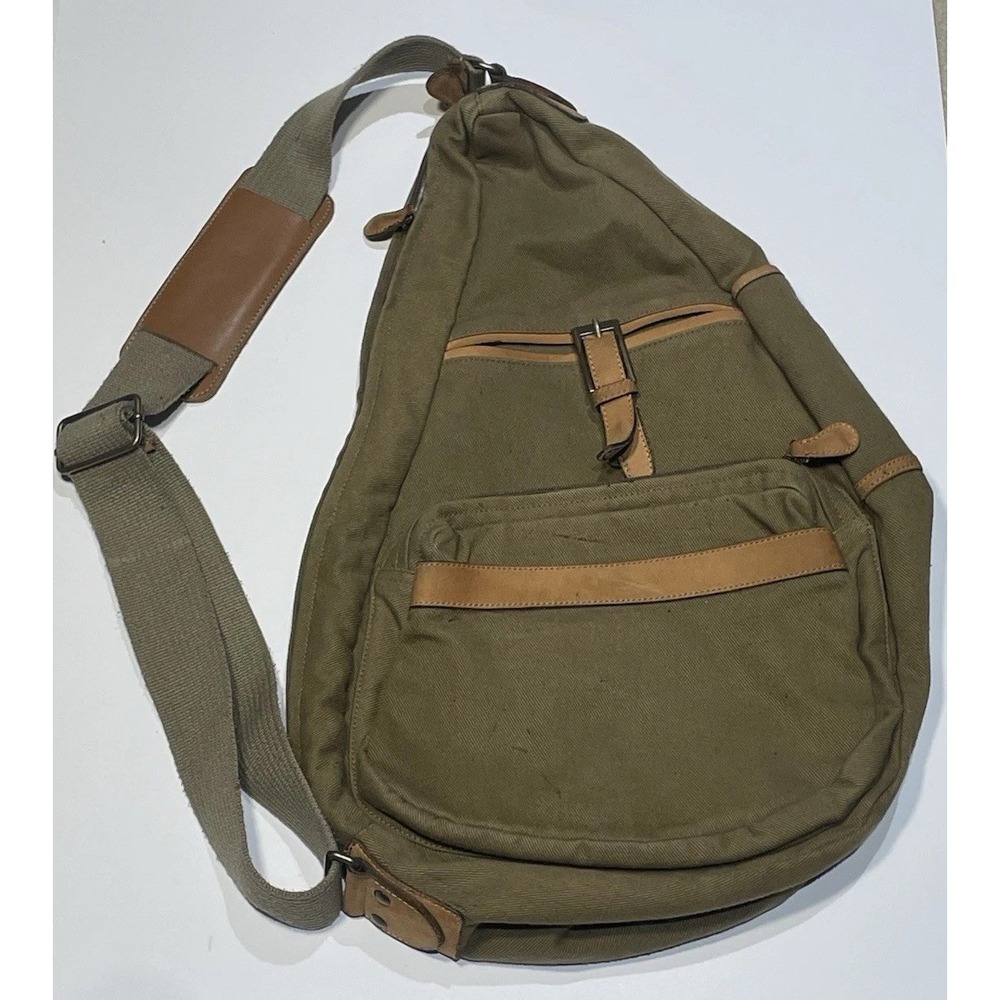 AmeriBag Healthy Back Bag Olive Green Canvas Sling Backpack Crossbody Medium
